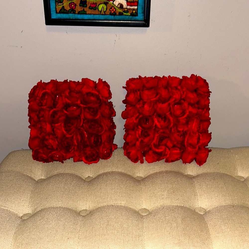 Pair of DECORATIVE PILLOWS red roses appliquéd onto a red velvet pillow. 9“ x 9“